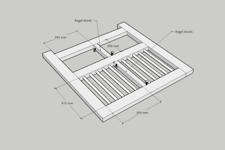 Teknisk ritning av en träram med mått i millimeter. Konstruktionsskiss med tvärbalkar och runda stavar.