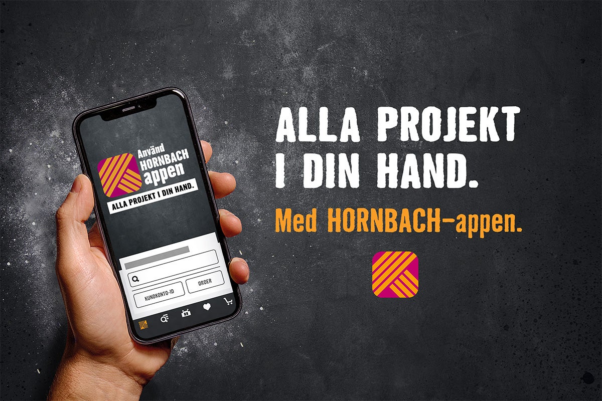 Hornbach-appen på en smarttelefon i en hand. Alla projekt i din hand.
