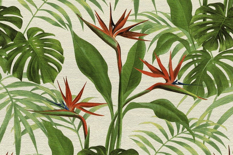 Tropiskt tapetmönster med blad och paradisfågelblommor