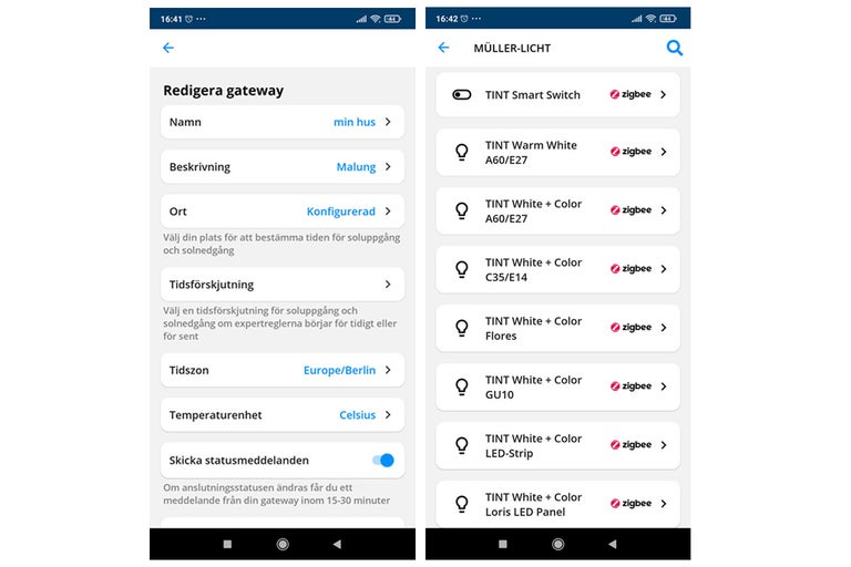 Skärmbilder av Müller-Licht-appen på en smartphone för gateway-konfiguration och styrning av TINT Smart Home-produkter.