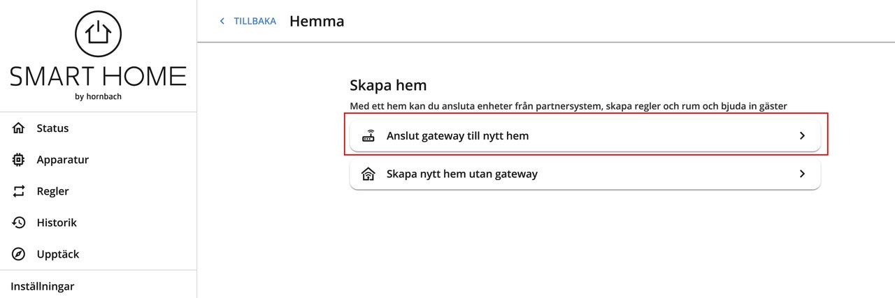 Smart Home appskärm med gateway anslutningsalternativ