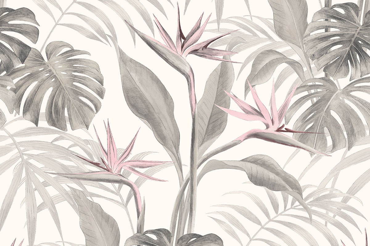 Tapet med blommönster av tropiska blad och paradisfågelblommor