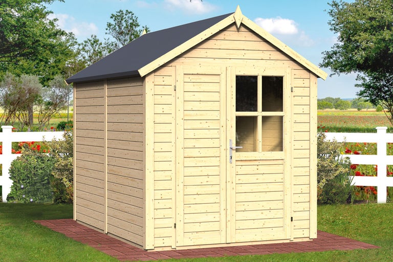 Trädgårdshus i trä med fönster och dubbeldörr