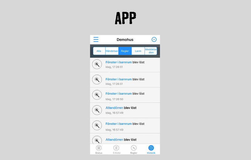 App-vy på en smarttelefon med information om öppnade fönster och dörrar