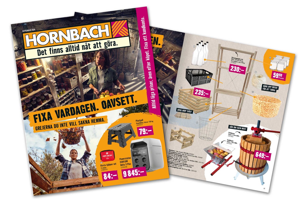 Hornbach reklambladssida med produkter för förvaring, organisering, trädgårdsarbete och första hjälpen utrustning.