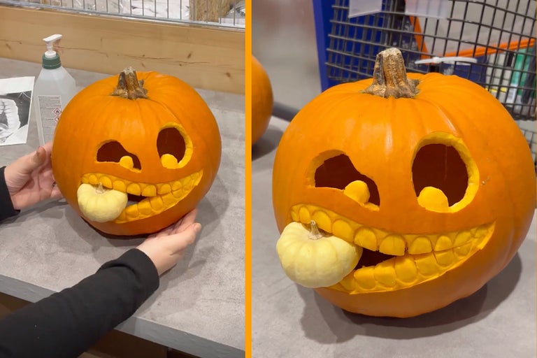 Snidad pumpa med en liten pumpa i munnen