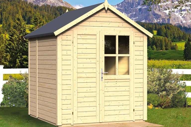 Trädgårdsskjul i trä med dubbeldörr och fönster