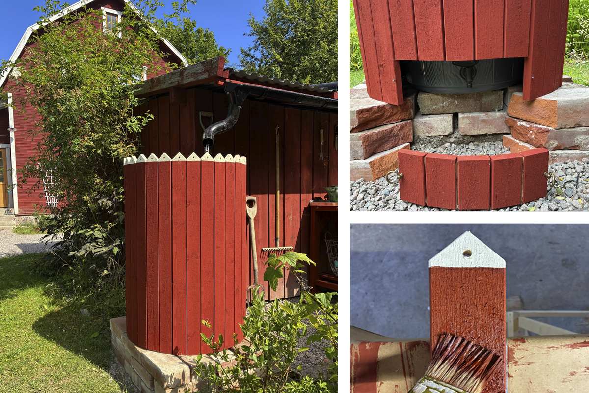 En regntunna med vertikal träbeklädnad bredvid ett rött trädgårdsskjul, med detaljbilder på serviceluckan och målningen.