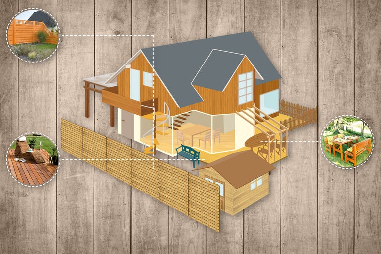 Illustration av ett hus med trädgård, altan och staket