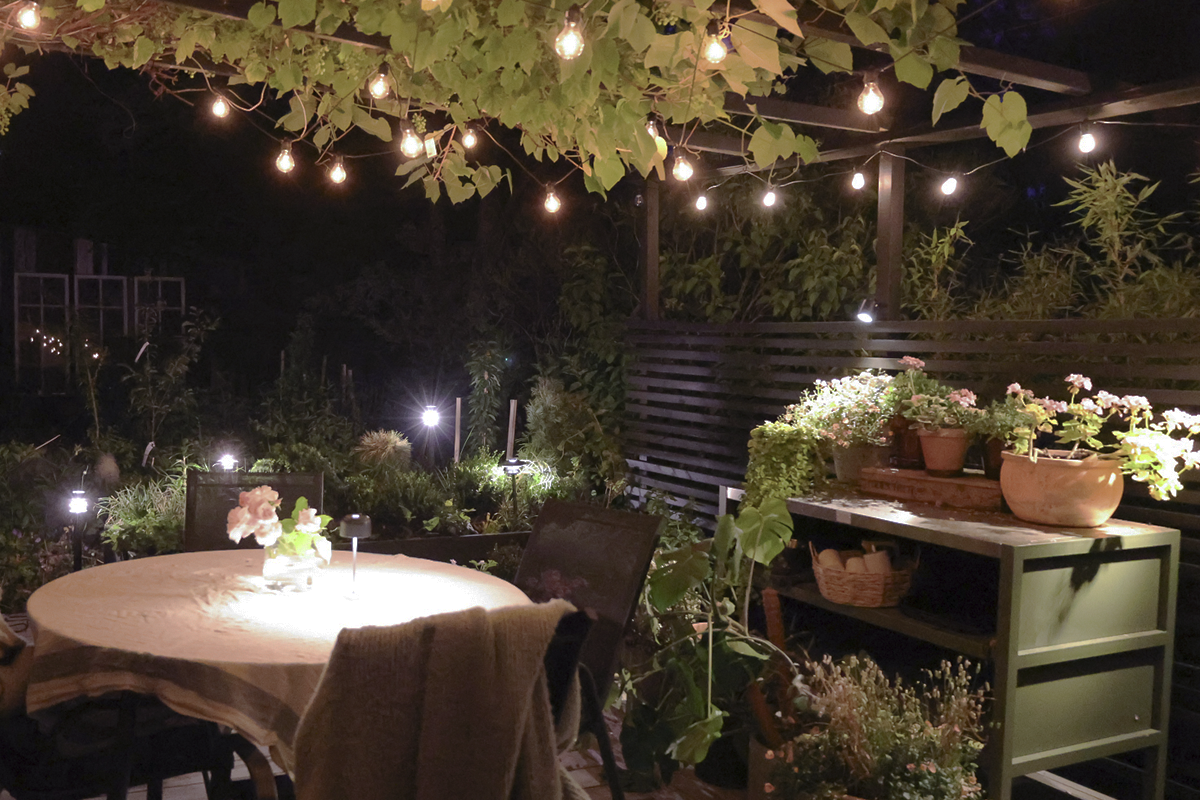 Mysig trädgårdsterrass på natten med ett dukat runt bord, ljusslinga på en pergola, insynsskydd och ett sidobord med växter.
