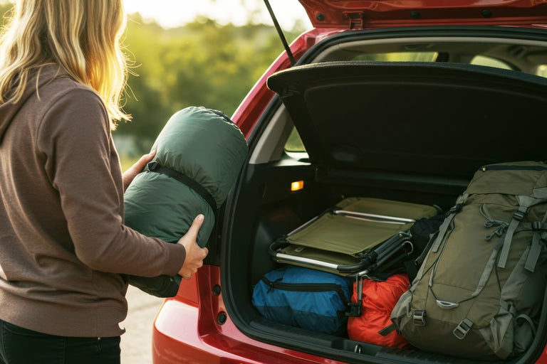 En person packar in en grön sovsäck i ett bagageutrymme fyllt med campingutrustning som ryggsäck och fällstolar.