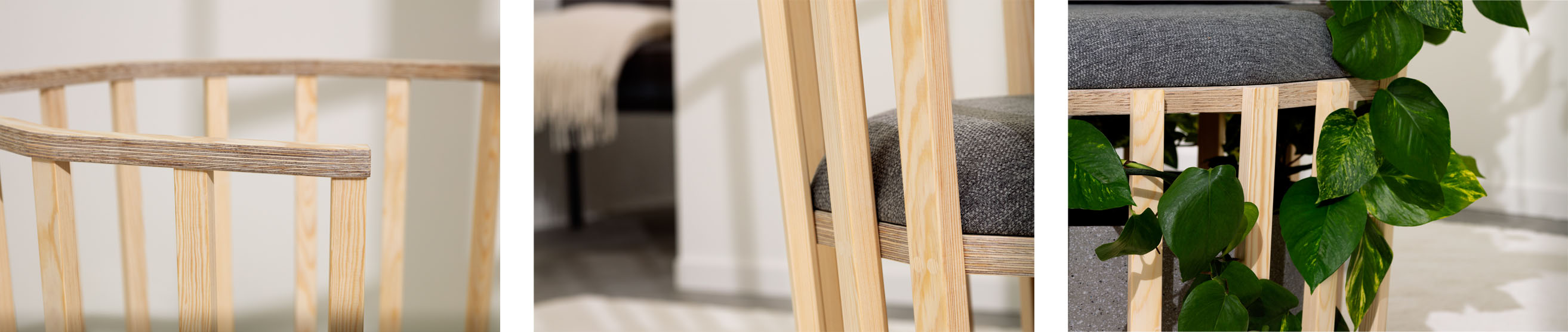 Detaljvy av en trästol med grå sits och spjälat ryggstöd