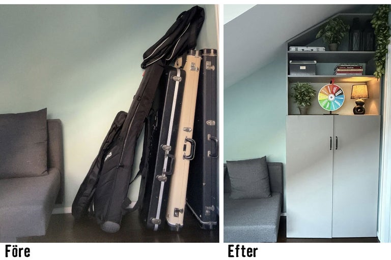 Före-efter-vy av ett rum: först rörigt med resväskor i hörnet, sedan städat med ett inbyggt skåp.