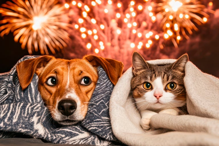 Hund och katt under filtar framför fyrverkerier