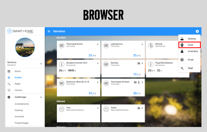 Smart Home app webbläsarvy med enheter