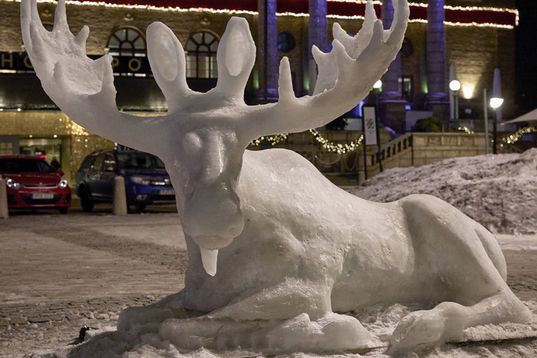 Isskulptur av en älg utomhus