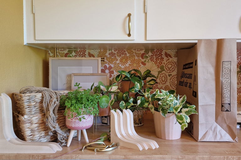 Dekorativ scen med växter, bilder, hyllkonsoler och en HORNBACH-papperspåse på en träyta