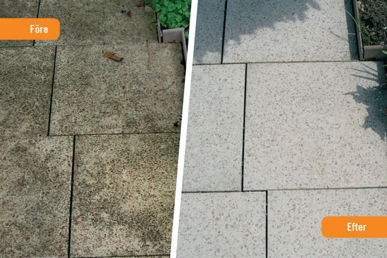 Före- och efterbild på rengjorda trädgårdsplattor