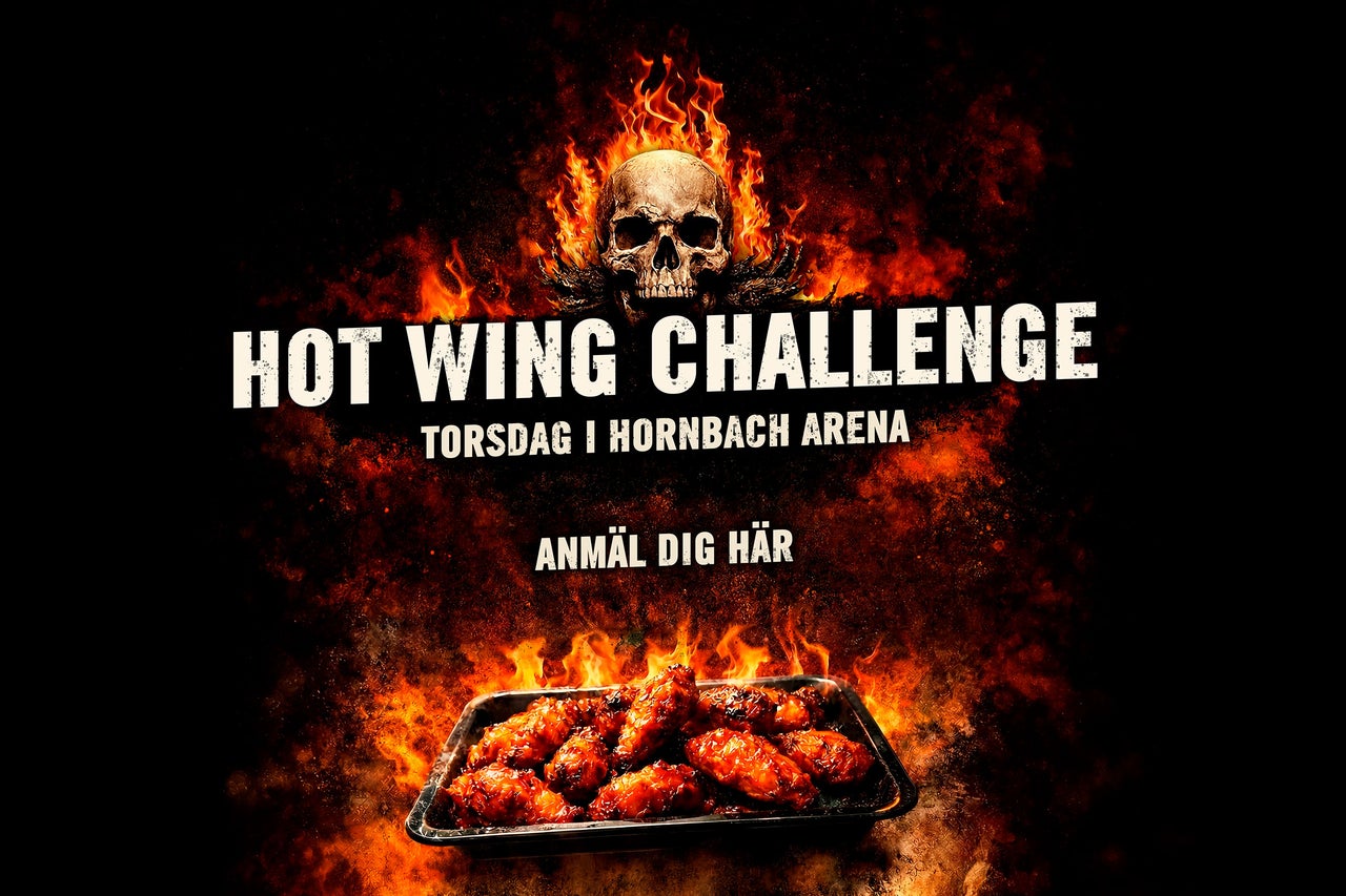 Reklambanner för Hot Wing Challenge i Hornbach Arena med en brinnande dödskalle och starka kycklingvingar i eld.