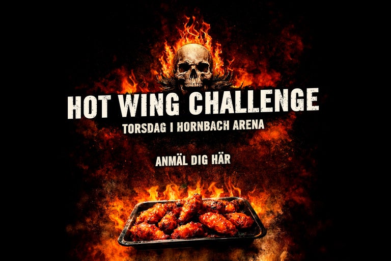 Reklambanner för Hot Wing Challenge i Hornbach Arena med en brinnande dödskalle och starka kycklingvingar i eld.