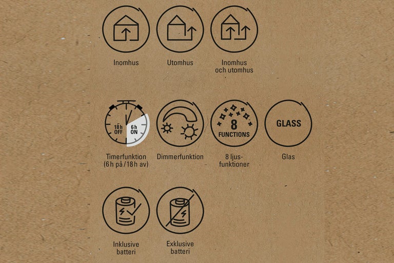 Symboler för inomhusbruk, utomhusbruk, timerfunktion, dimmerfunktion, åtta ljusfunktioner, glas, inklusive batteri och exklusive batteri