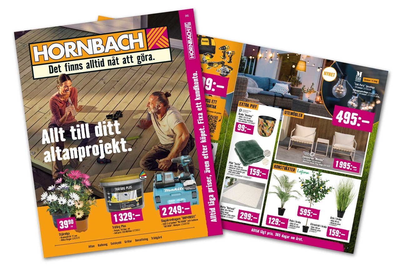 Hornbach reklamblad med material för altanprojekt, träfärg, elverktyg, utemöbler och växter.