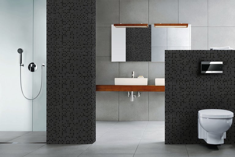 Badrum med dusch, handfat, spegel och toalett i modern design