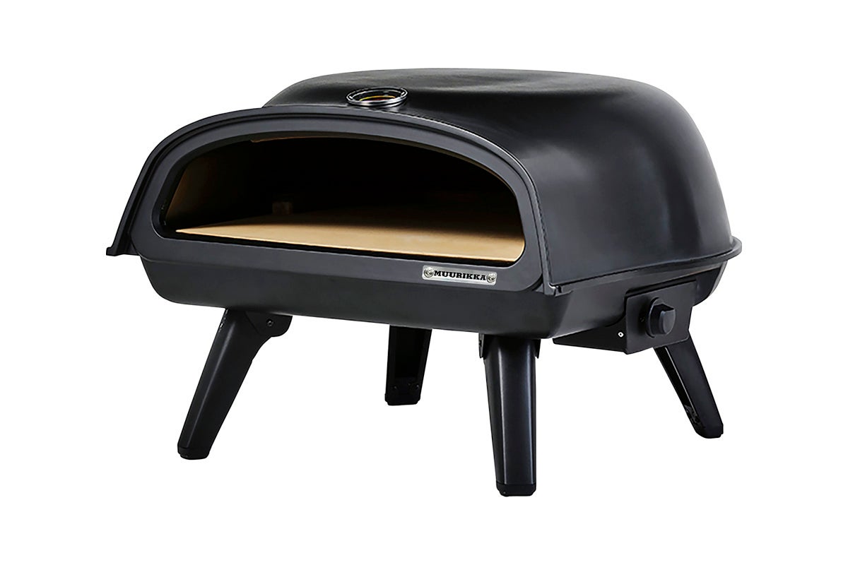 Svart pizzaugn med fyra ben och temperaturmätare