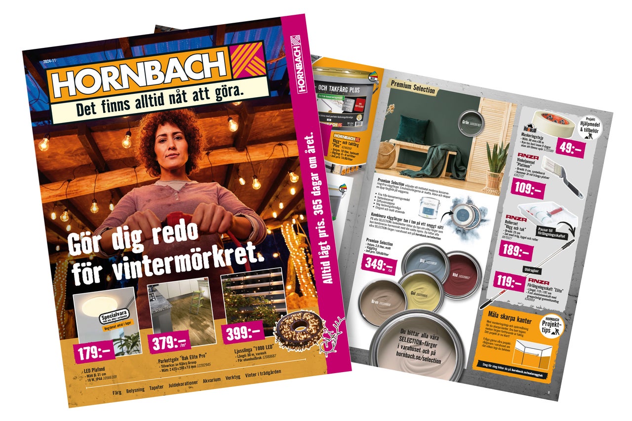 Hornbach-annons med säsongsbetonade erbjudanden för vintern: LED-taklampa, parkettgolv, ljusslinga, färg, målningsverktyg och tillbehör.