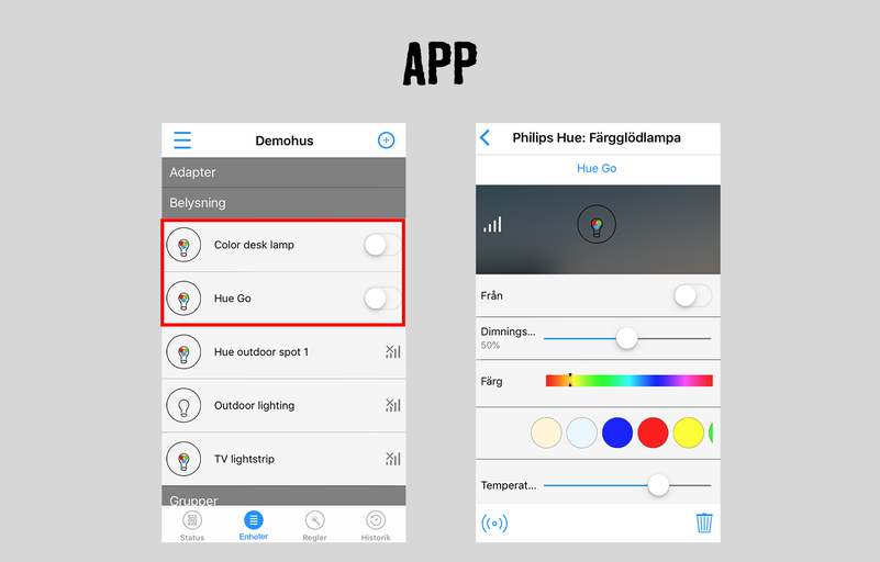 Philips Hue-app för att styra en färgad skrivbordslampa