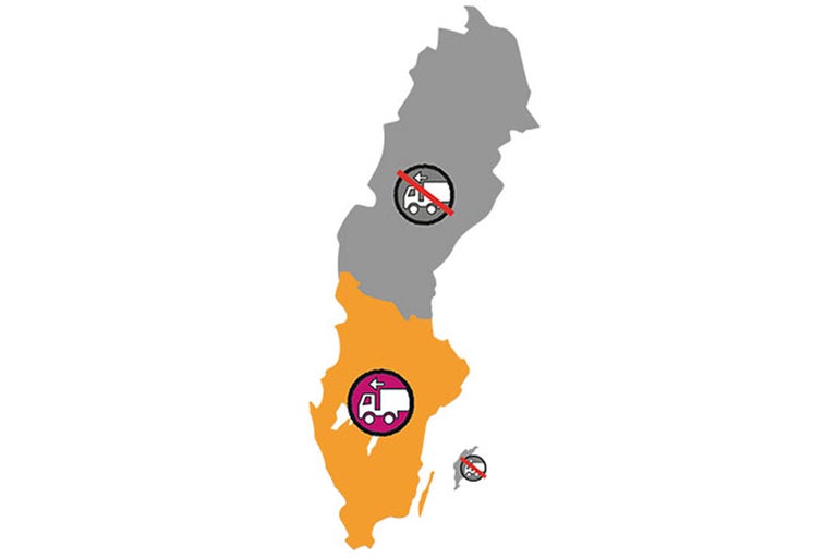 Karta över Sverige med symboler för leveransbegränsningar