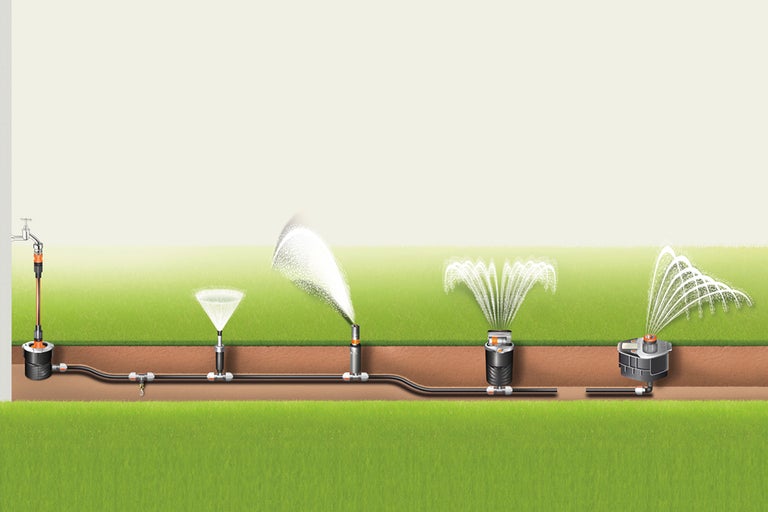 Illustration av ett trädgårdsbevattningssystem med olika grässpridare och underjordiska rör.