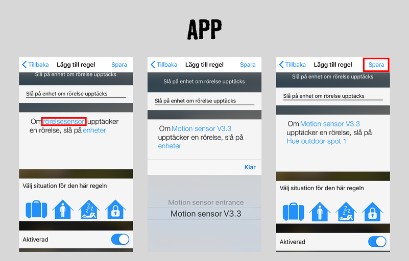 App-vy med alternativ för rörelsesensorinställningar
