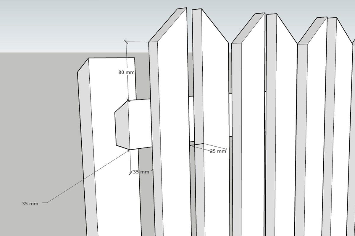Teknisk ritning av ett spjälstaket med mått: spjälbredd 35 millimeter, avstånd 25 millimeter och överhäng 80 millimeter.