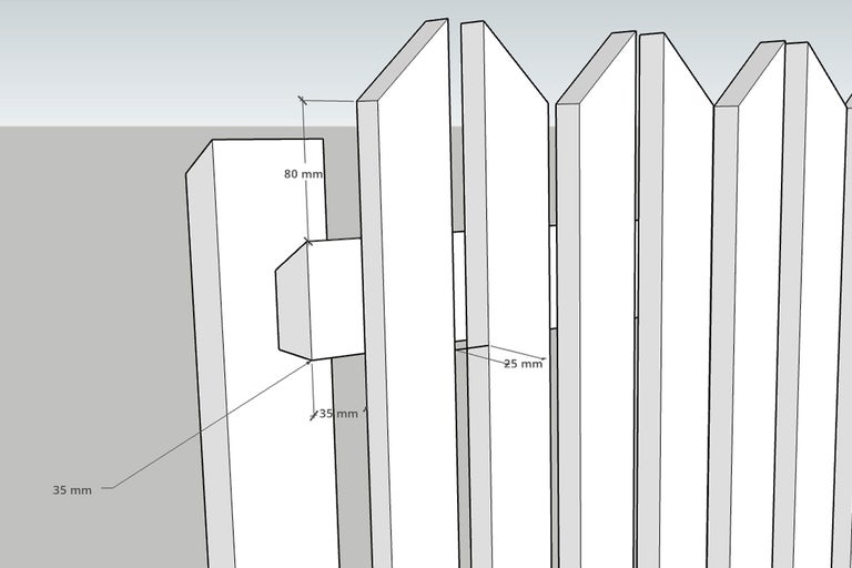 Teknisk ritning av ett spjälstaket med mått: spjälbredd 35 millimeter, avstånd 25 millimeter och överhäng 80 millimeter.