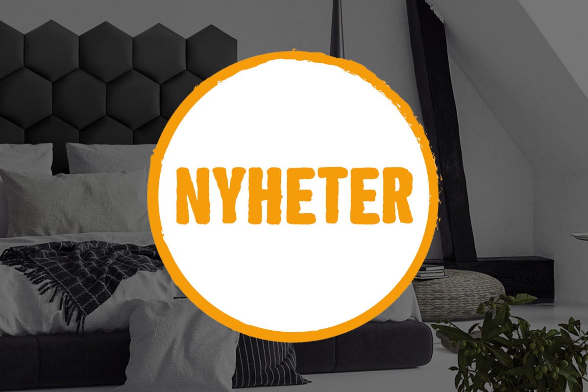 Sovrum med vadderad sänggavel och texten 'Nyheter'.