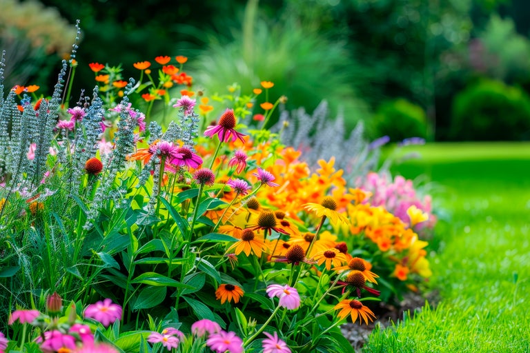 Blomsterrabatt med olika blommande växter i trädgården