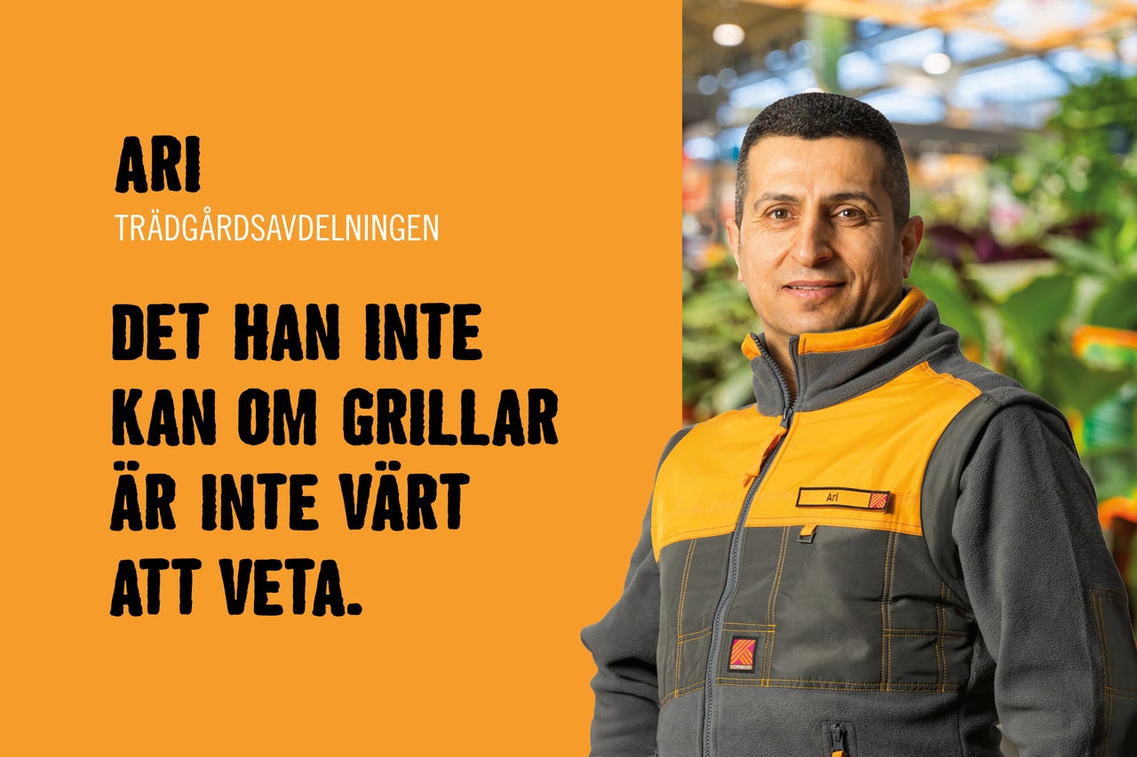 Hornbach-anställd Ari i arbetskläder framför växter