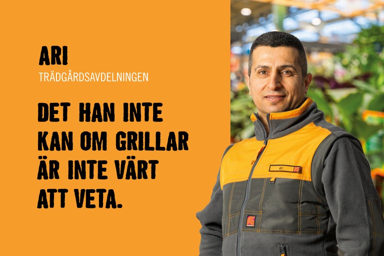 Hornbach-anställd Ari i arbetskläder framför växter