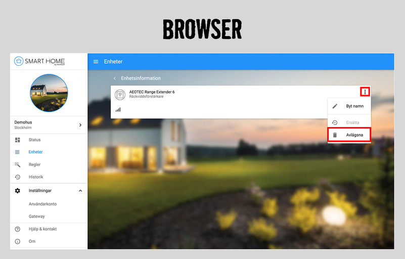 Webbläsarvy av en Smart Home enhetshantering