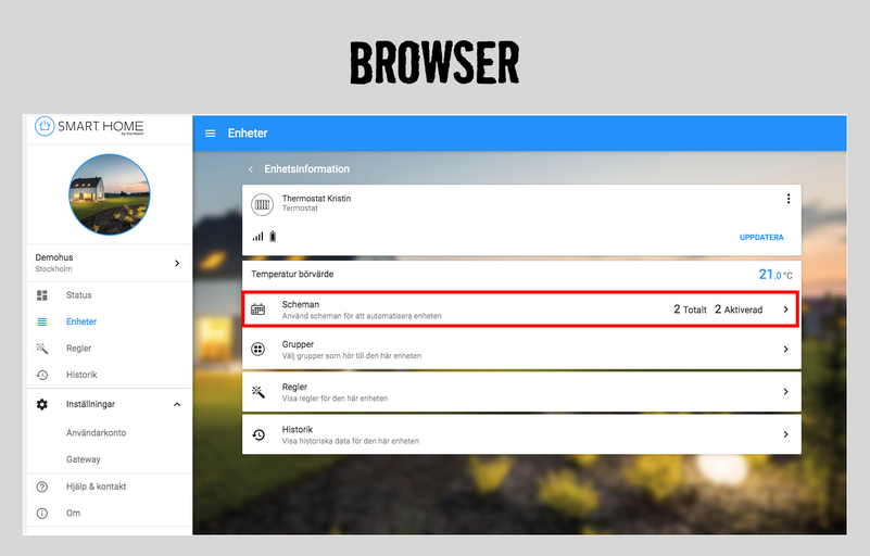 Smart Home App enhetsinställningar med scheman för enhetsautomation