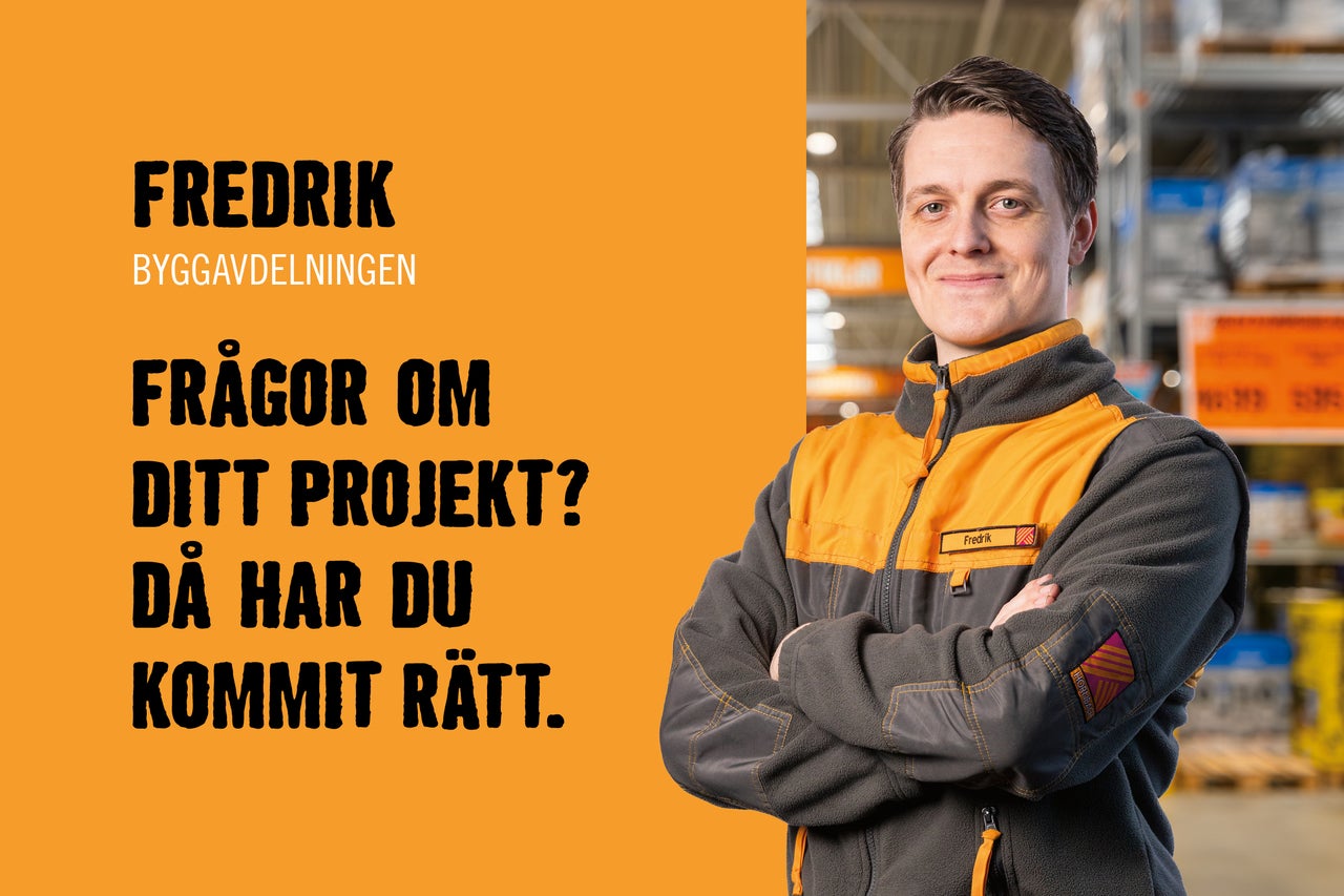 Porträtt av Fredrik från Hornbachs byggavdelning med information om kundservice
