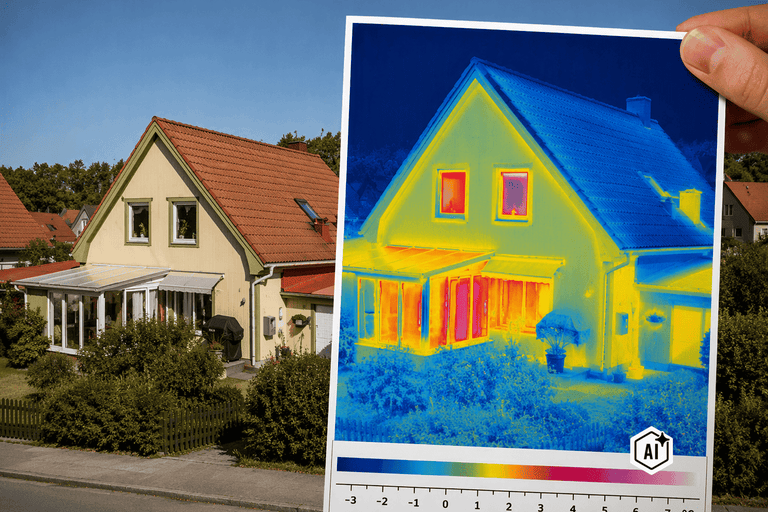 Hand som håller en värmebild av ett hus för energibedömning och analys av värmeförluster vid fasad och fönster.