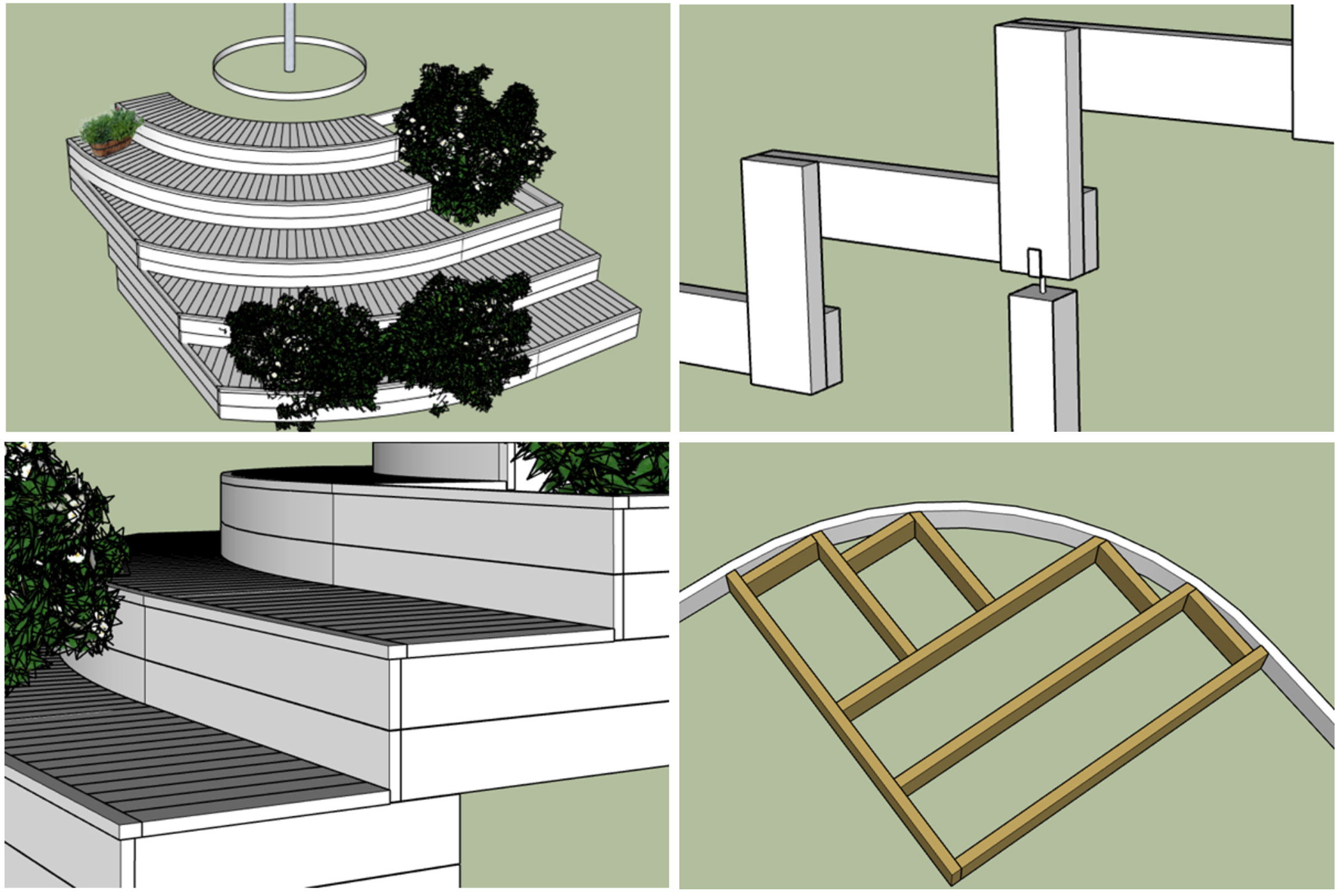 Illustration av en träterrass i flera nivåer med underkonstruktion