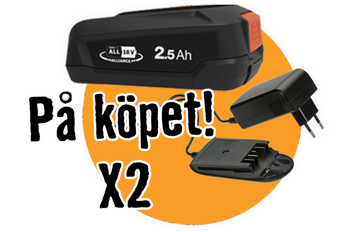 Power for All 18 Volt batteri med 2.5 Amperetimmar kapacitet och laddare som gåva.