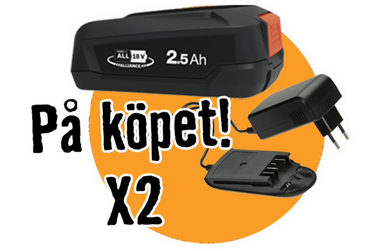 Power for All 18 Volt batteri med 2.5 Amperetimmar kapacitet och laddare som gåva.