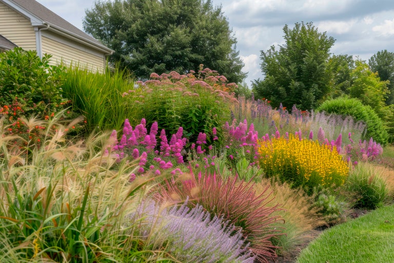 Blommande prydnadsträdgård med olika blommor och gräs.