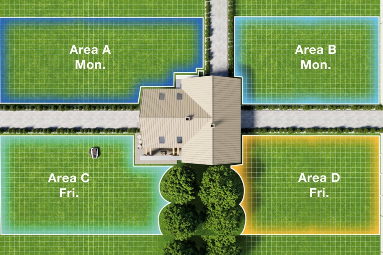 Flygvy över en trädgård med hus, uppdelad i klippzoner A till D med schema för en robotgräsklippare.