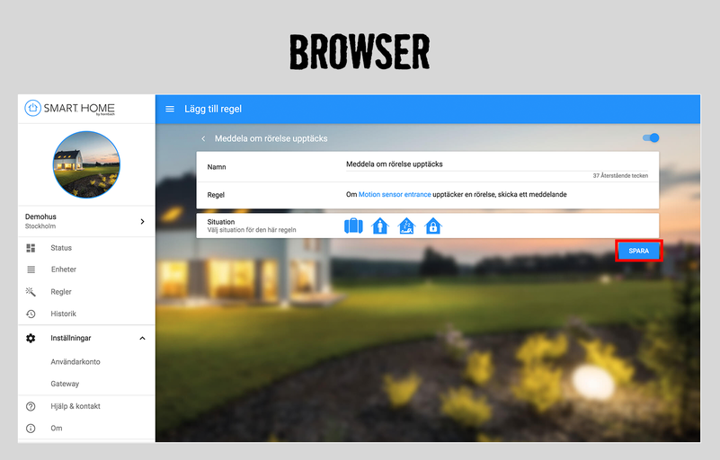 Smart Home-webbläsarvy för regelkonfiguration