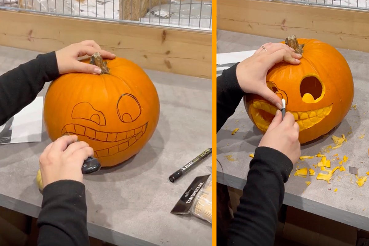 Två scener visar hur en Halloweenpumpa skärs med ett verktyg.
